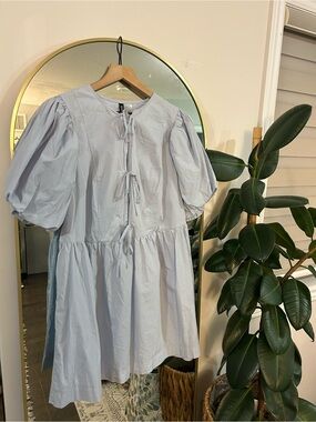 H&M Puff Sleeve Tie-Front Cotton Dress